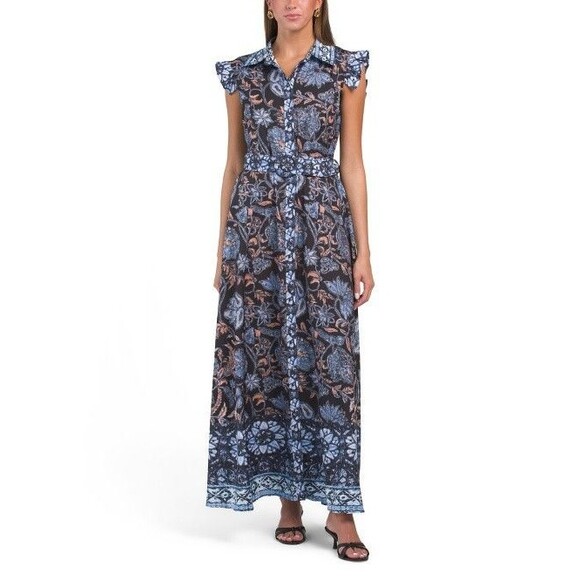 Dalia MacPhee women Belted Long Maxi Dress size Medium (4-6) Blue Floral Flutter - Picture 1 of 9
